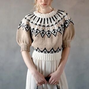 Altuzarra Marty Balloon Sleeves Knit Sweater Ivory Fairisle Cotton